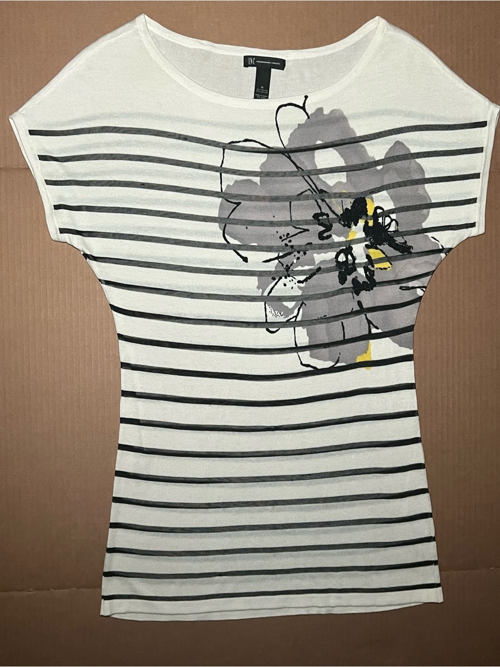 INC International Concepts White Striped Tee with Gray Floral and Yellow Accent